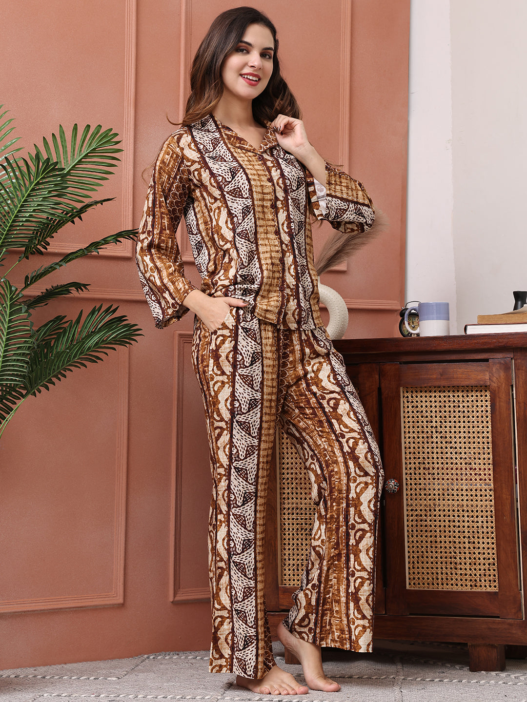 Brown Color Abstract Printed Viscose Rayon Night Suit