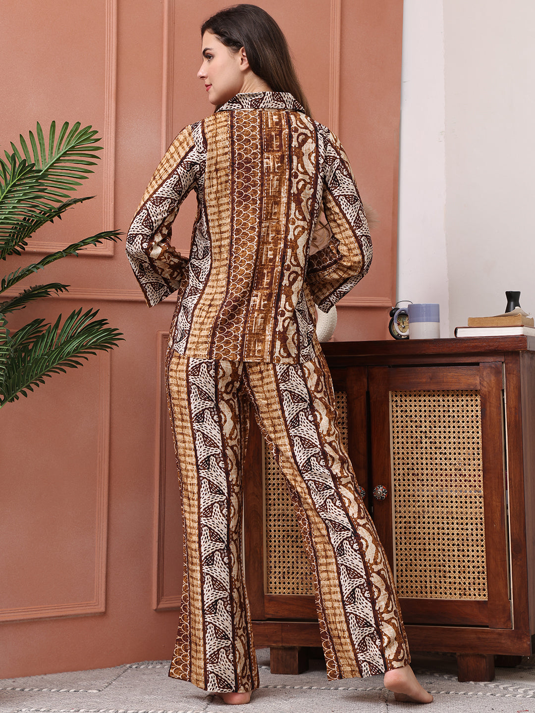 Brown Color Abstract Printed Viscose Rayon Night Suit