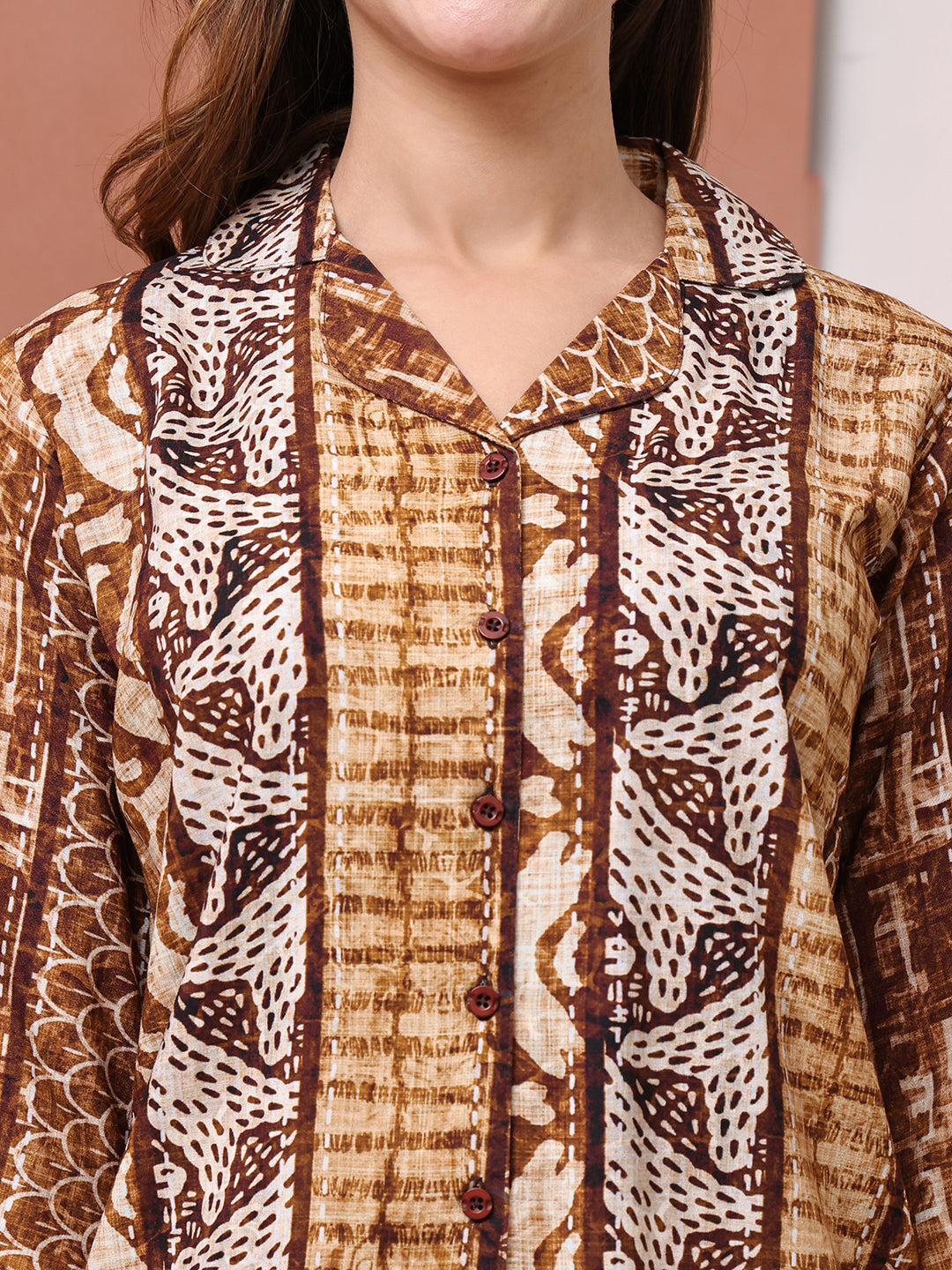 Brown Color Abstract Printed Viscose Rayon Night Suit