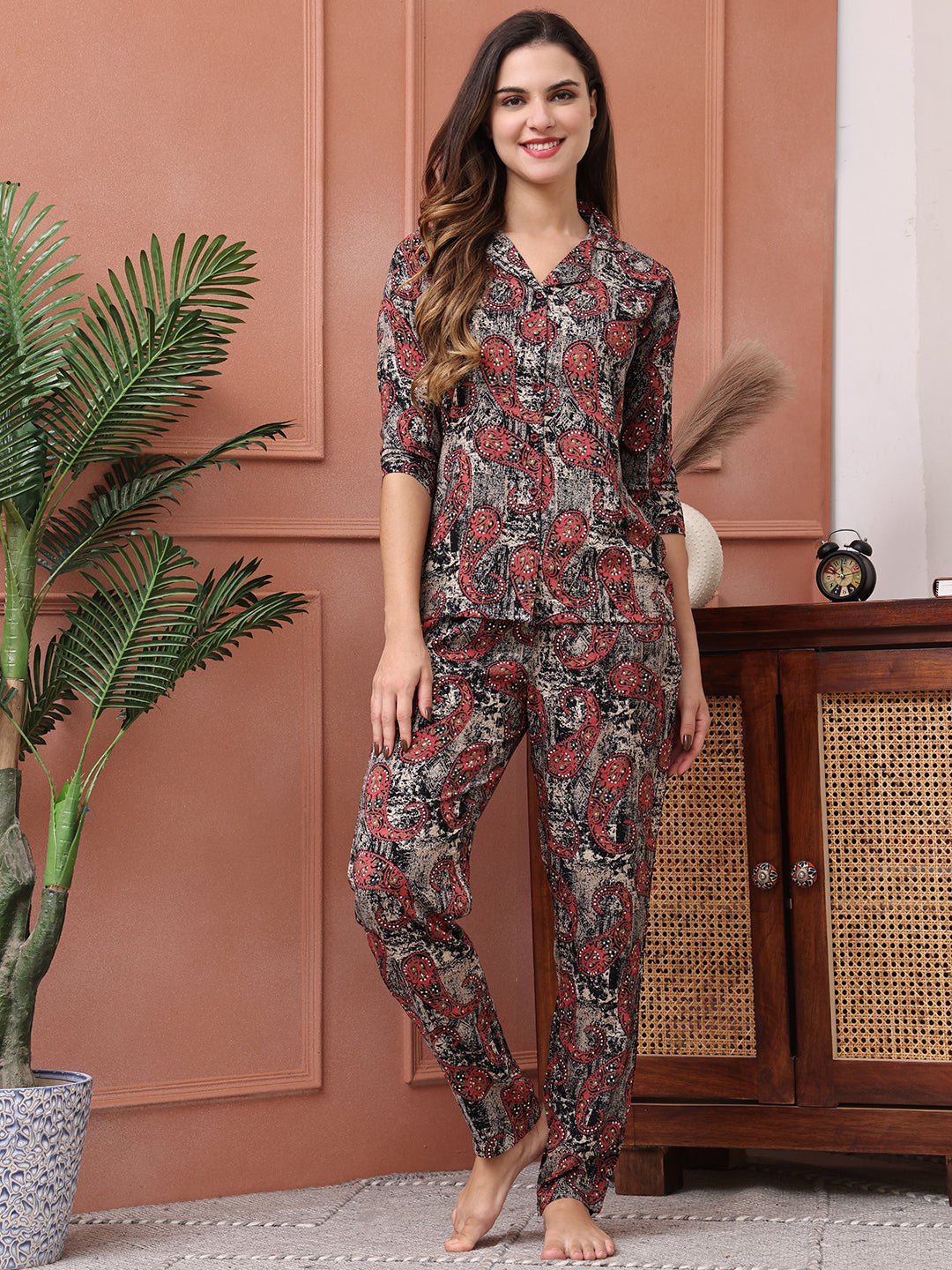 Black Color Abstract Printed Viscose Rayon Night Suit