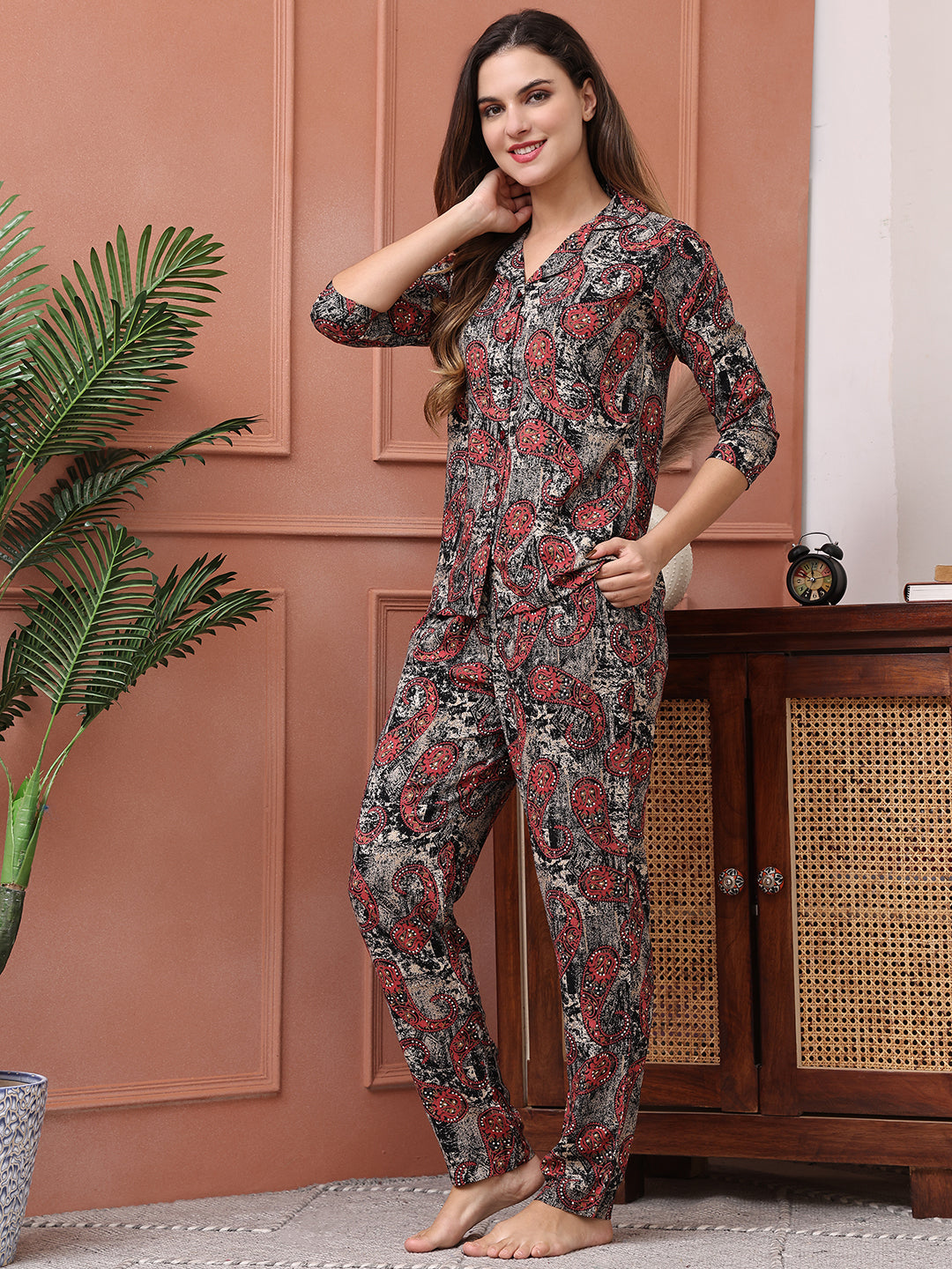 Black Color Abstract Printed Viscose Rayon Night Suit