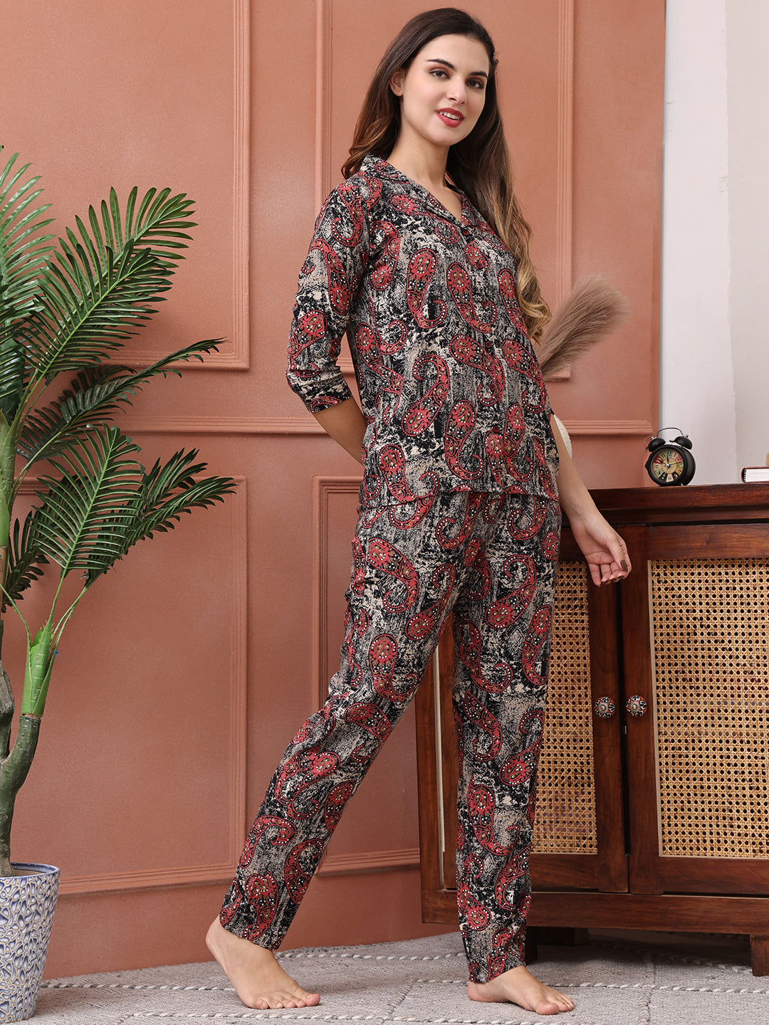 Black Color Abstract Printed Viscose Rayon Night Suit