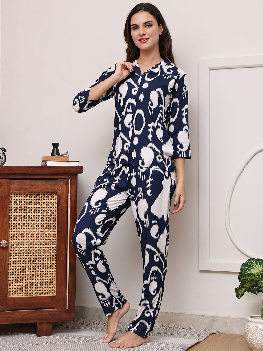 Blue Color Abstruct Printed Viscose Rayon Night suit For Women