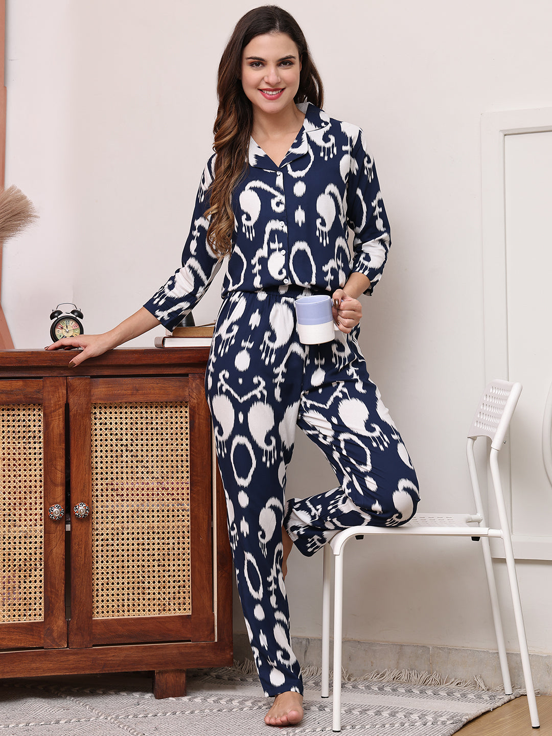 Blue Color Abstruct Printed Viscose Rayon Night suit For Women