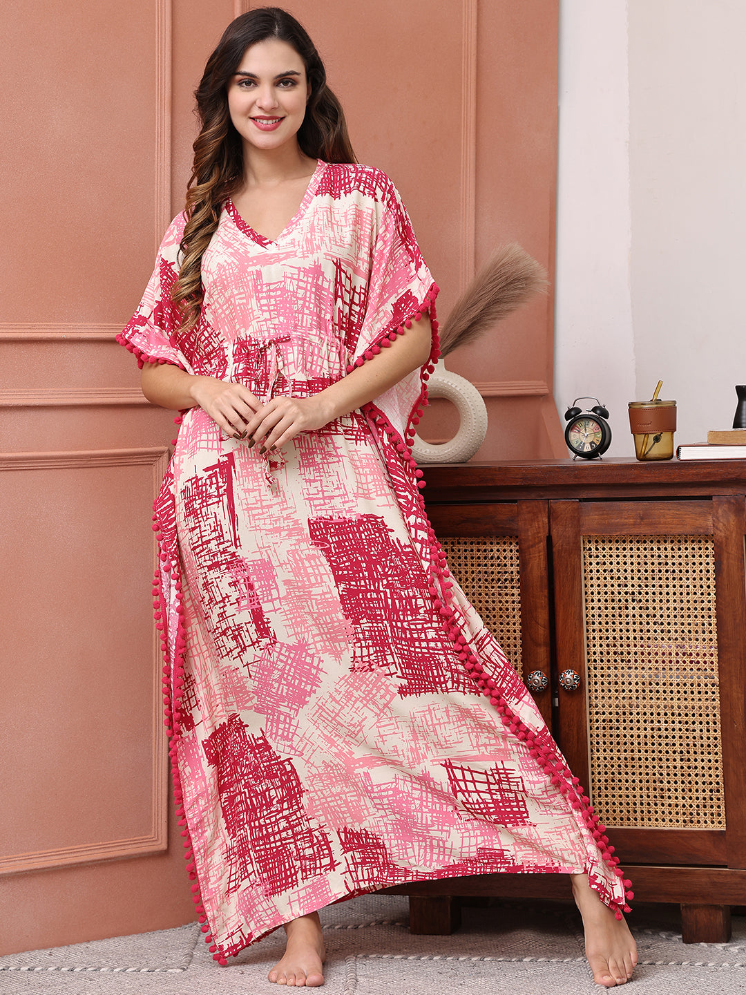 Pink Colour Abstarct Printed Viscose Rayon Kaftan For Women