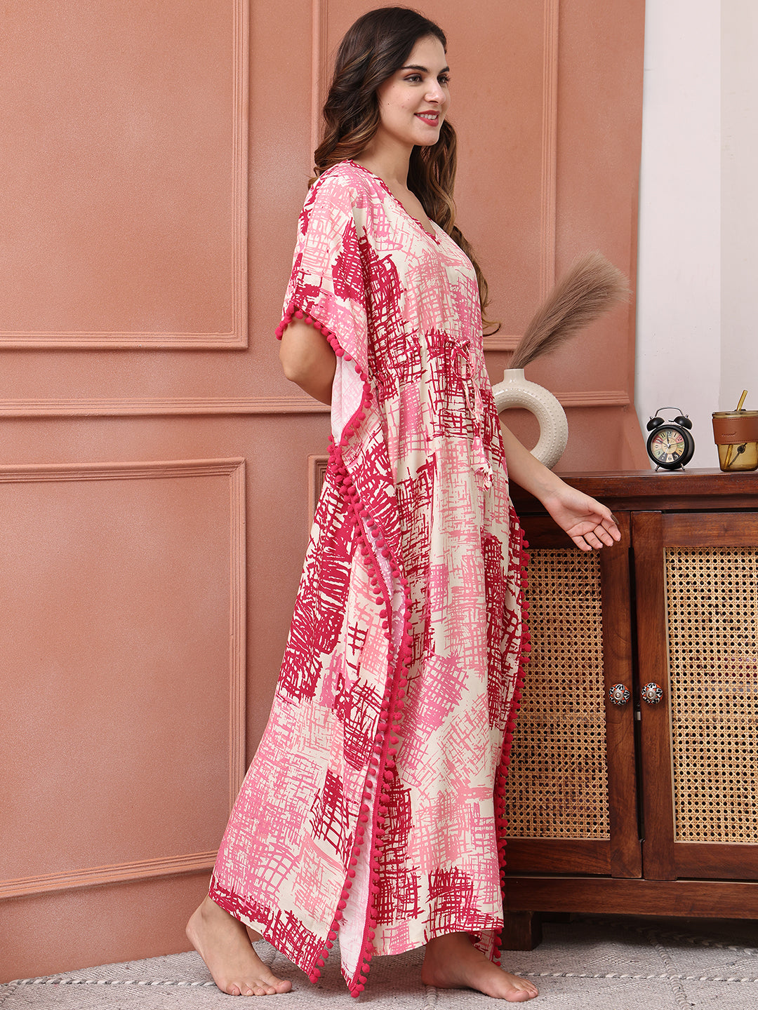 Pink Colour Abstarct Printed Viscose Rayon Kaftan For Women