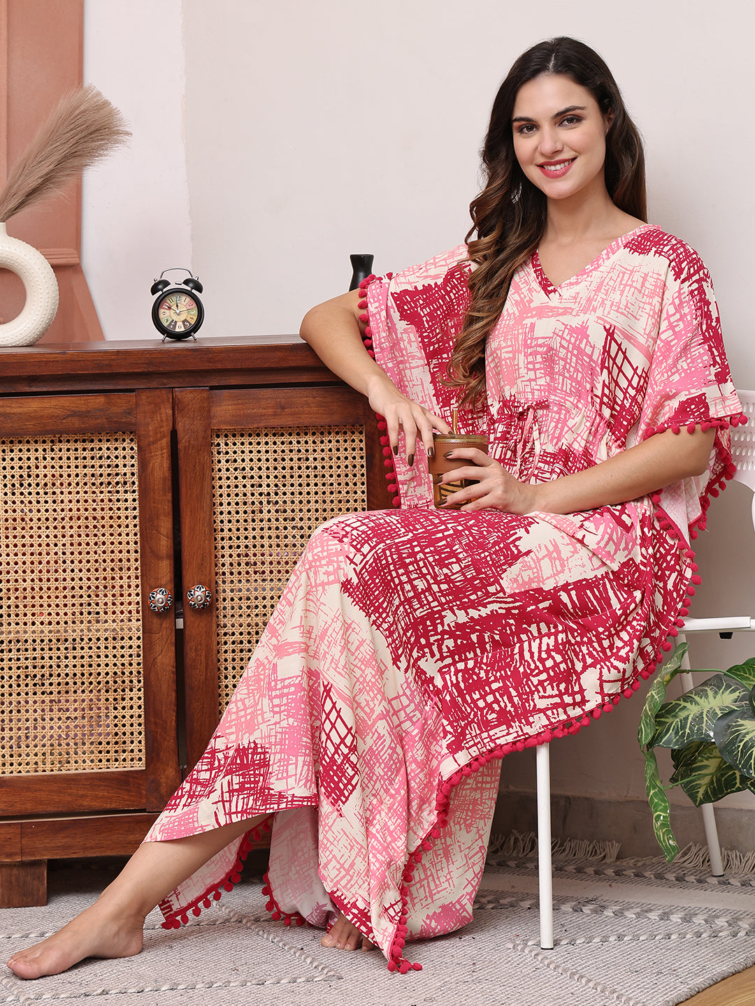 Pink Colour Abstarct Printed Viscose Rayon Kaftan For Women