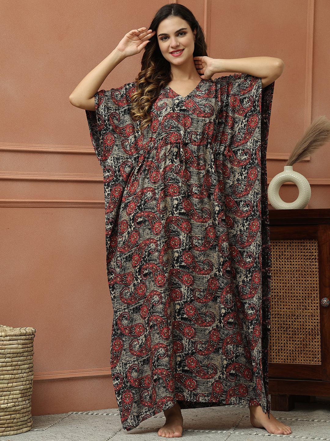 Black Color Abstract Printed Viscose Rayon Kaftan Nightdress For Women