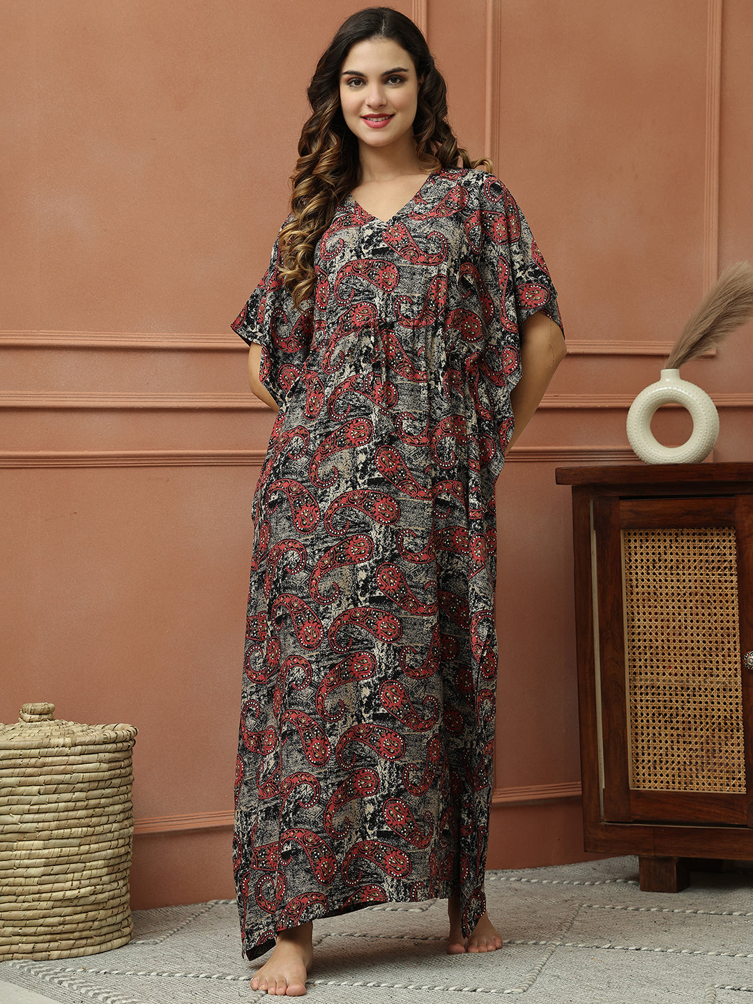 Black Color Abstract Printed Viscose Rayon Kaftan Nightdress For Women