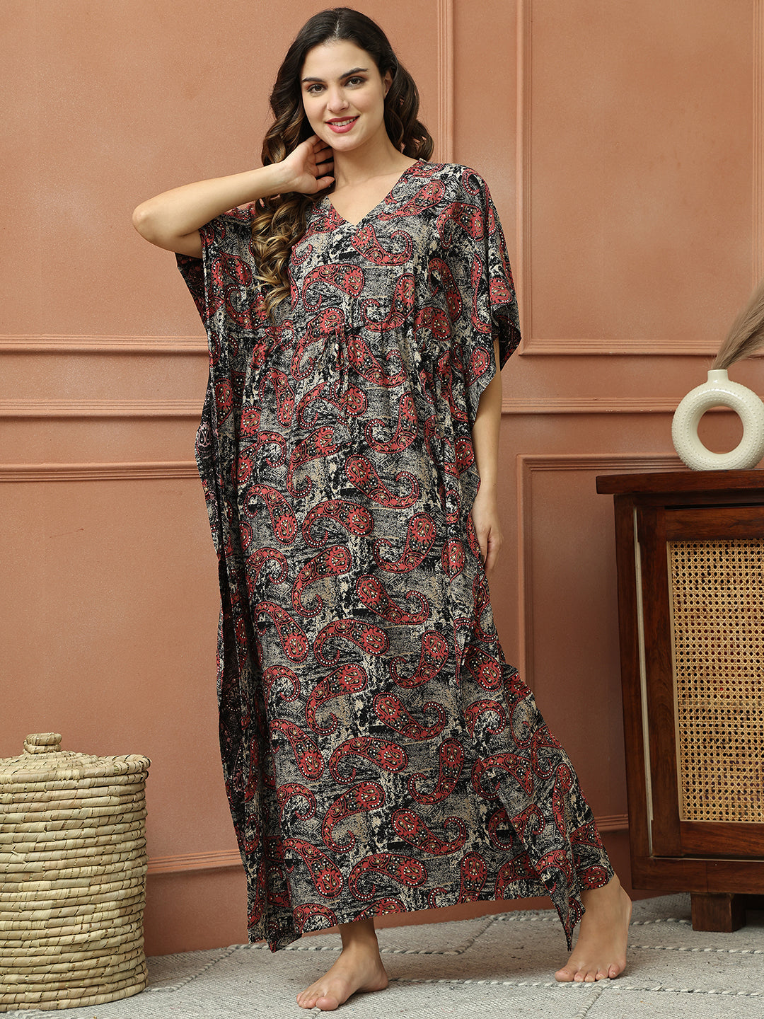 Black Color Abstract Printed Viscose Rayon Kaftan Nightdress For Women