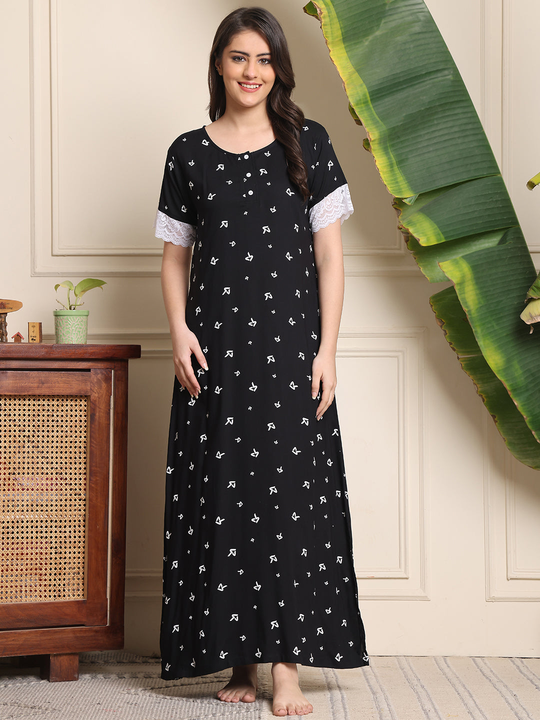 Black Colour Abstract Printed Viscose Rayon Nighty For Women