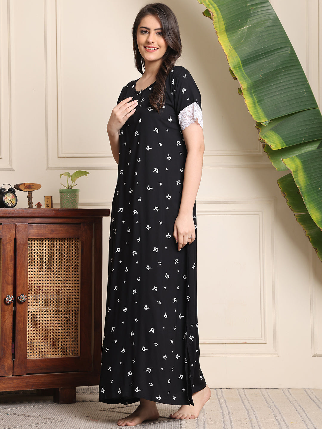 Black Colour Abstract Printed Viscose Rayon Nighty For Women