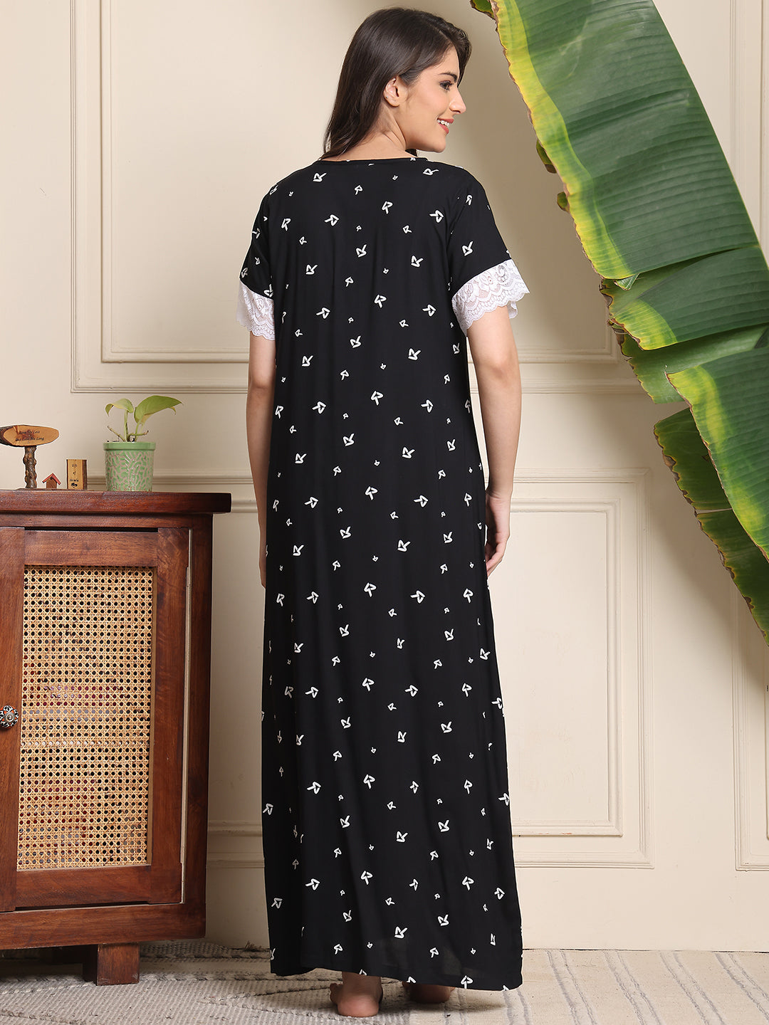 Black Colour Abstract Printed Viscose Rayon Nighty For Women