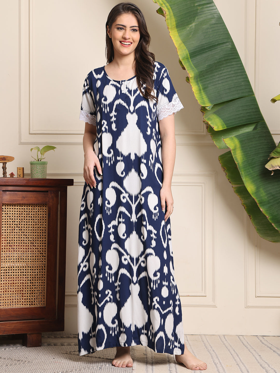 Blue Colour Abstract Printed Viscose Rayon Nighty For Women