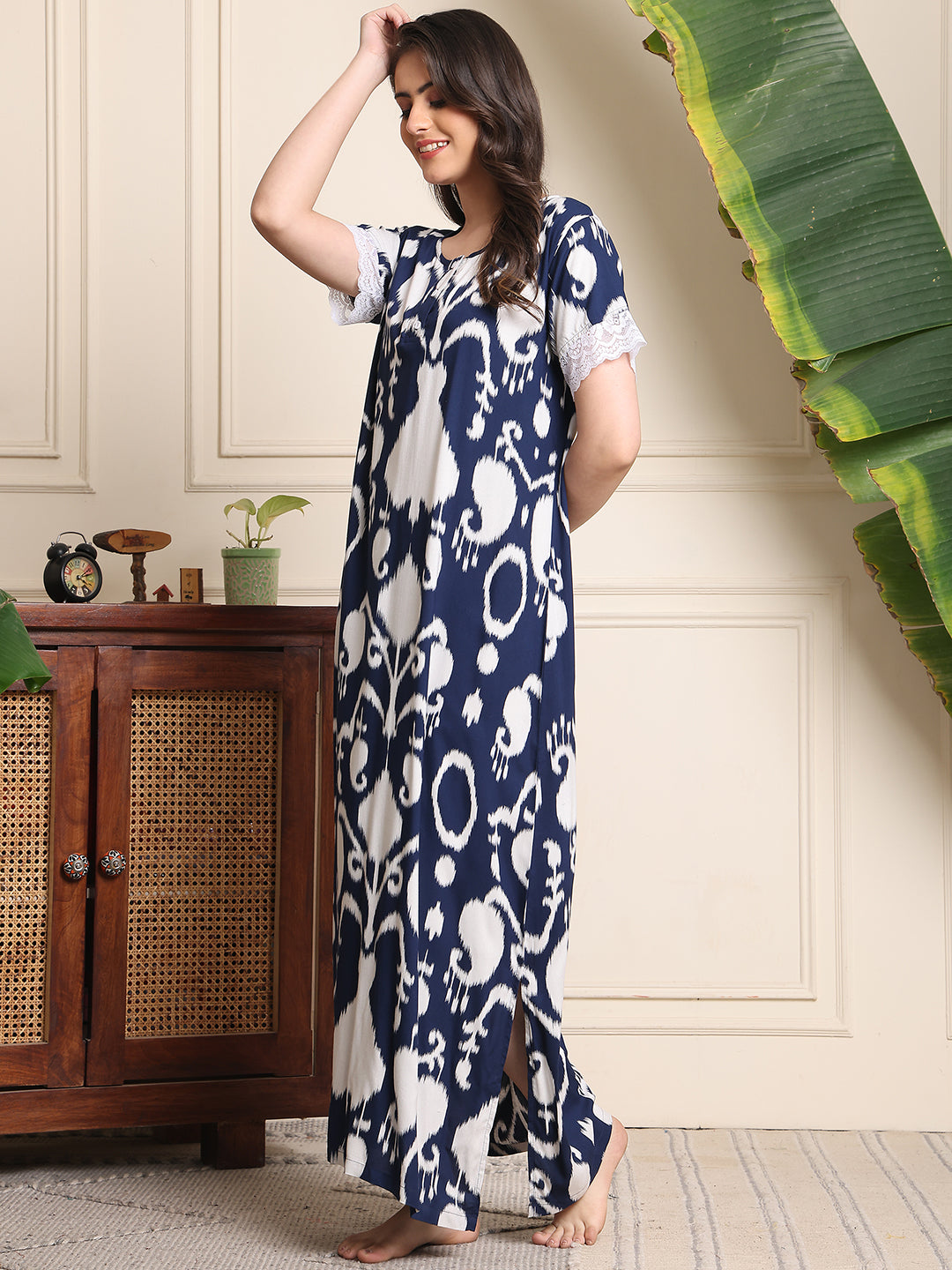 Blue Colour Abstract Printed Viscose Rayon Nighty For Women