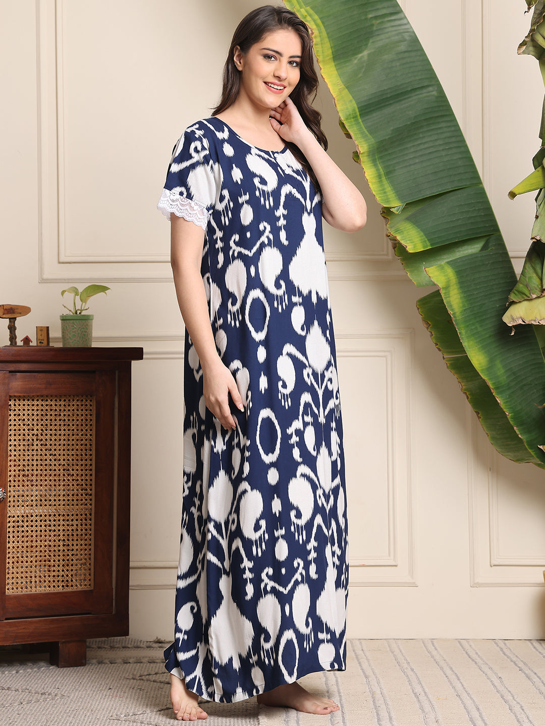 Blue Colour Abstract Printed Viscose Rayon Nighty For Women