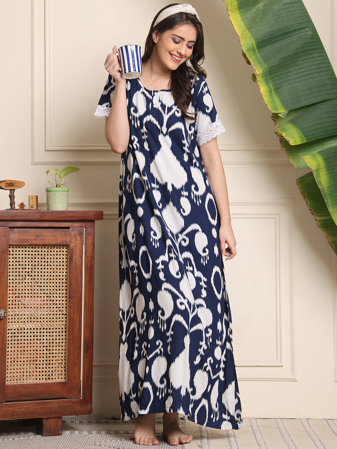 Blue Colour Abstract Printed Viscose Rayon Nighty For Women