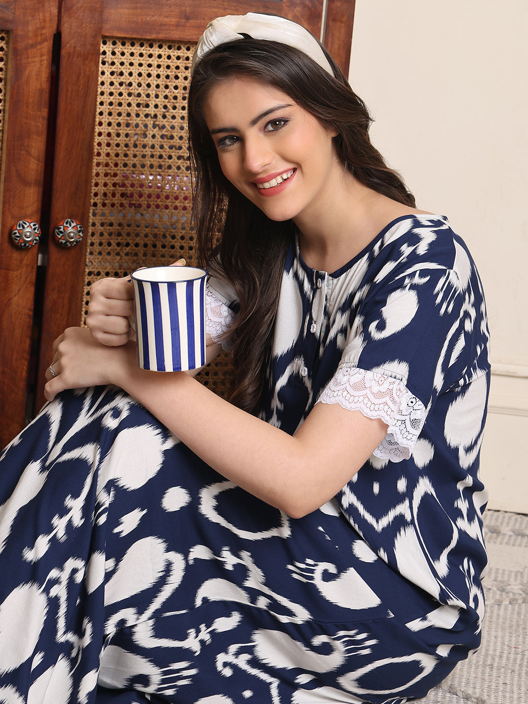 Blue Colour Abstract Printed Viscose Rayon Nighty For Women