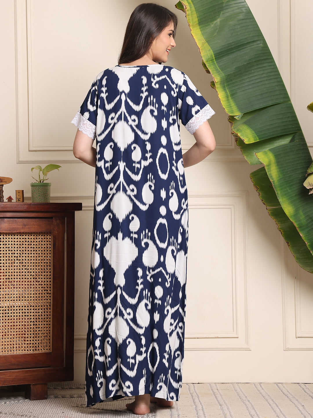 Blue Colour Abstract Printed Viscose Rayon Nighty For Women