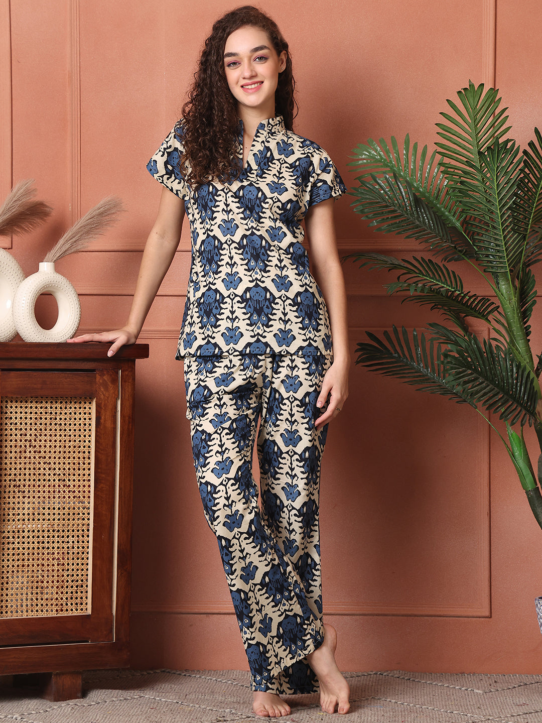 Navy Colour Abstract Printed Cotton Night Suit For Women