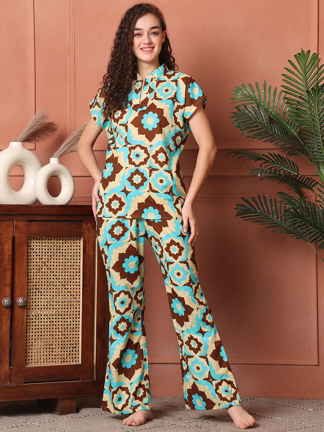 Blue Colour Abstract Printed Cotton Night Suit For Women