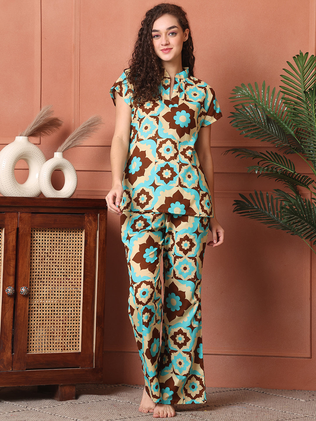 Blue Colour Abstract Printed Cotton Night Suit For Women