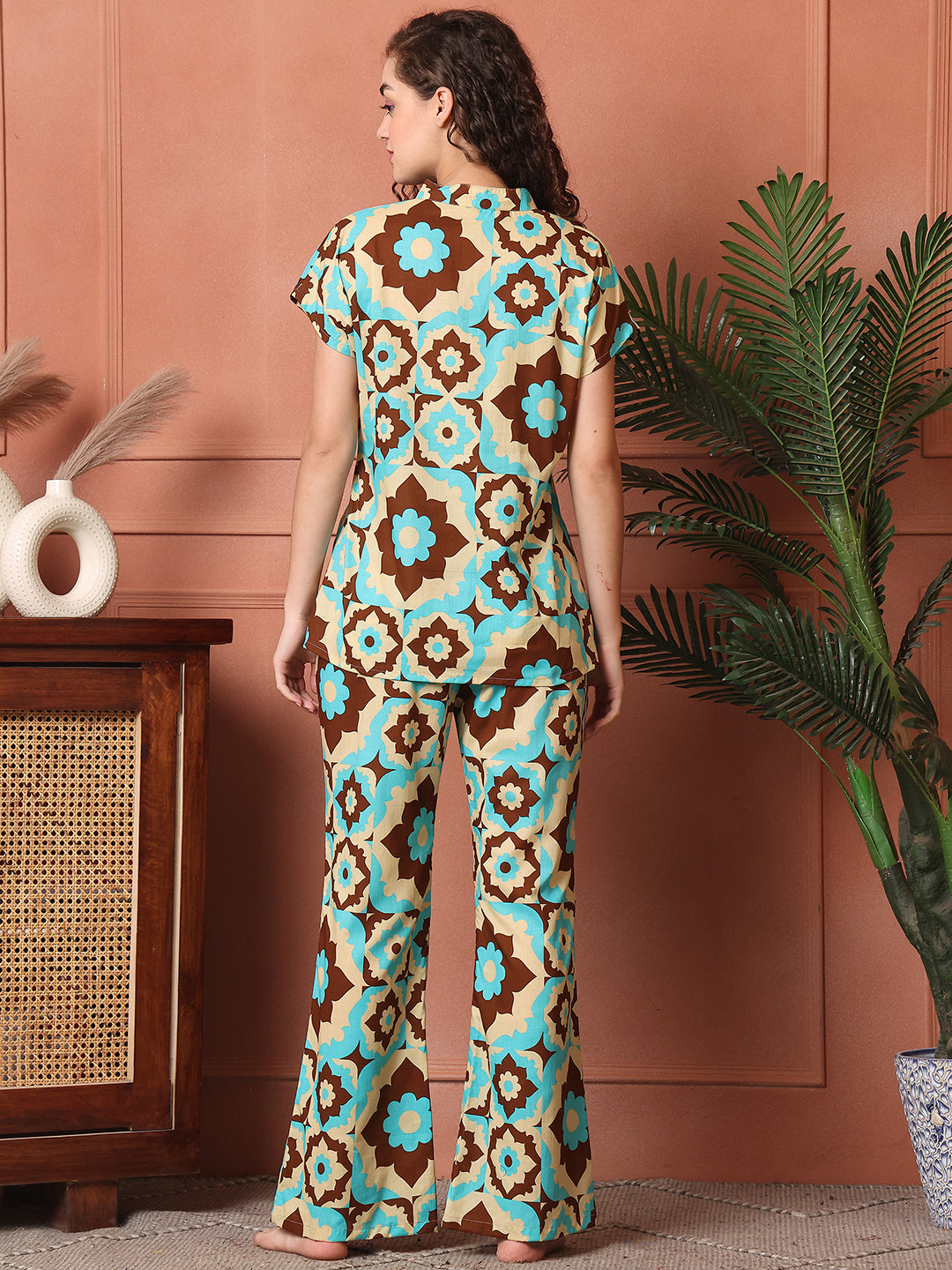 Blue Colour Abstract Printed Cotton Night Suit For Women