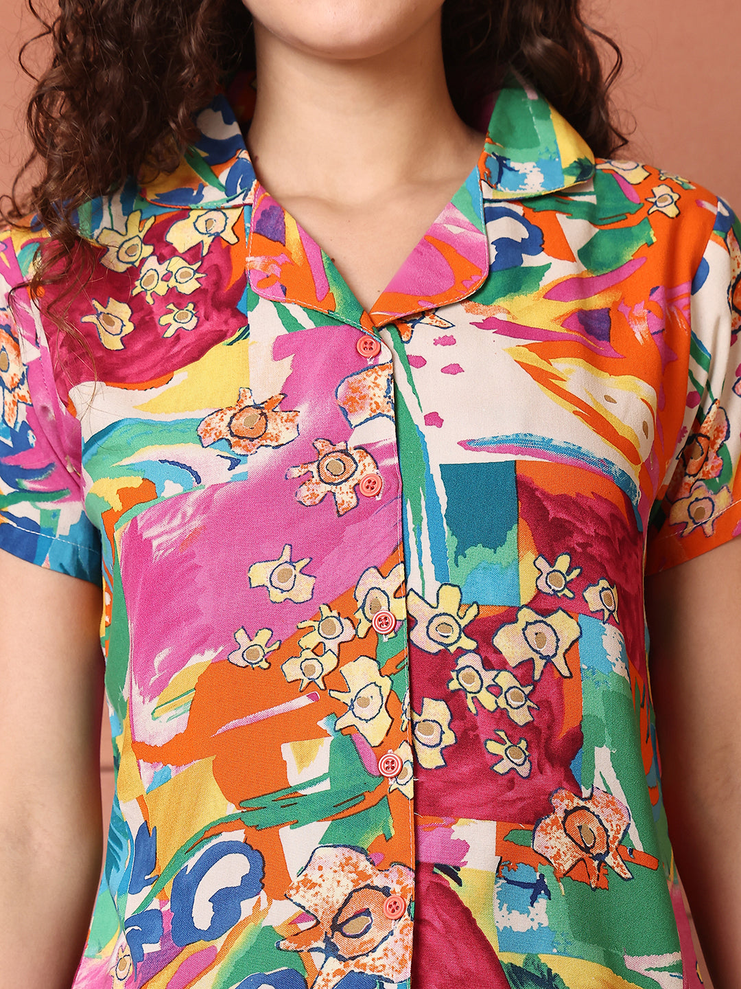 Multi Colour Abtract Printed Viscose Rayon Top & Short Night Suit