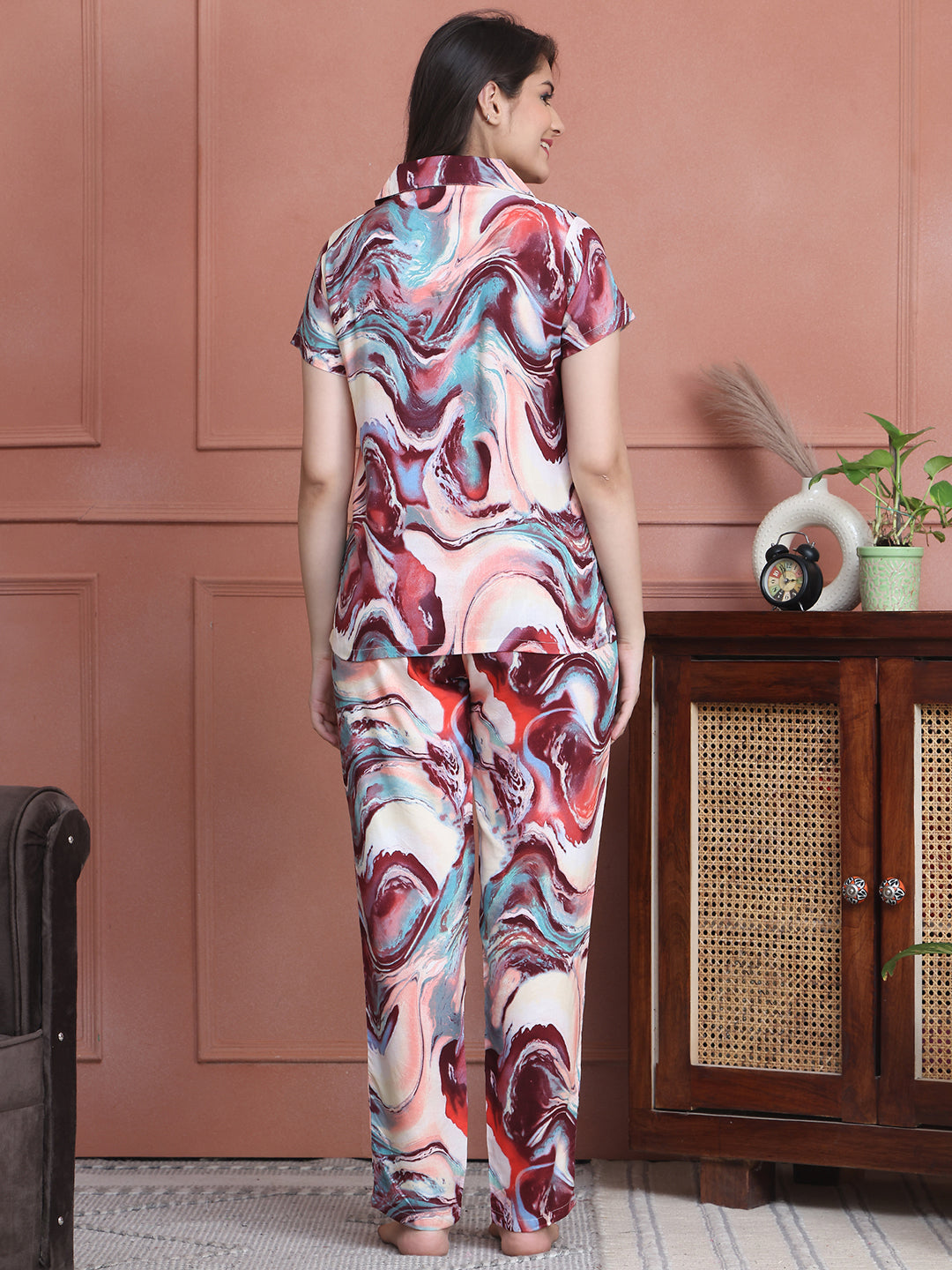 Multi Colour Abstract Printed Viscose Rayon Night Suit