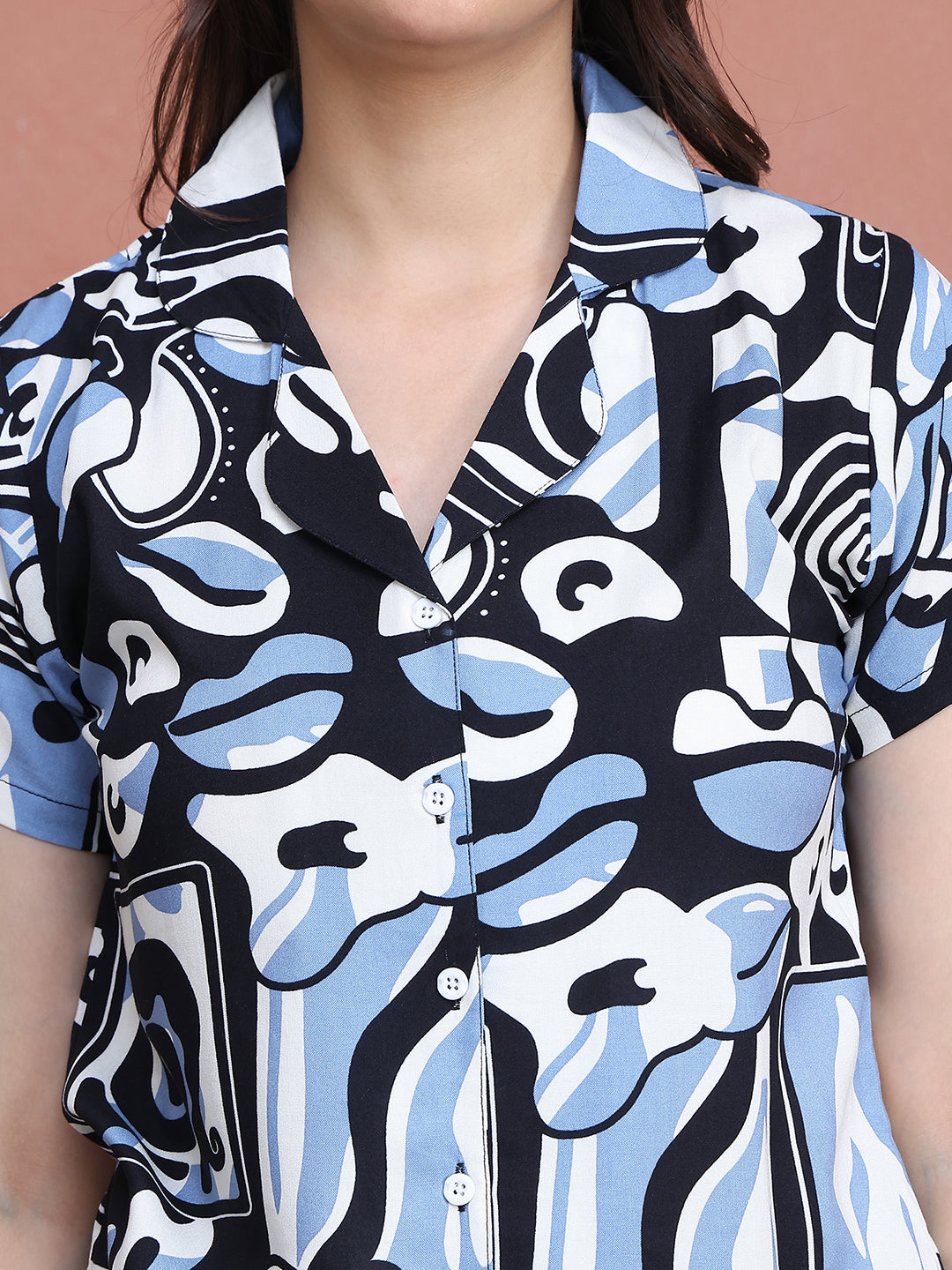 Blue Colour Abstract Printed Viscose Rayon Night Suit