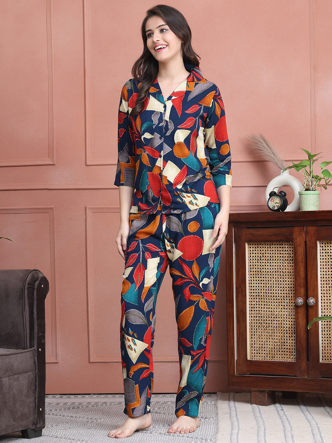 Navy Blue Colour Floral Printed Viscose Rayon Night Suit