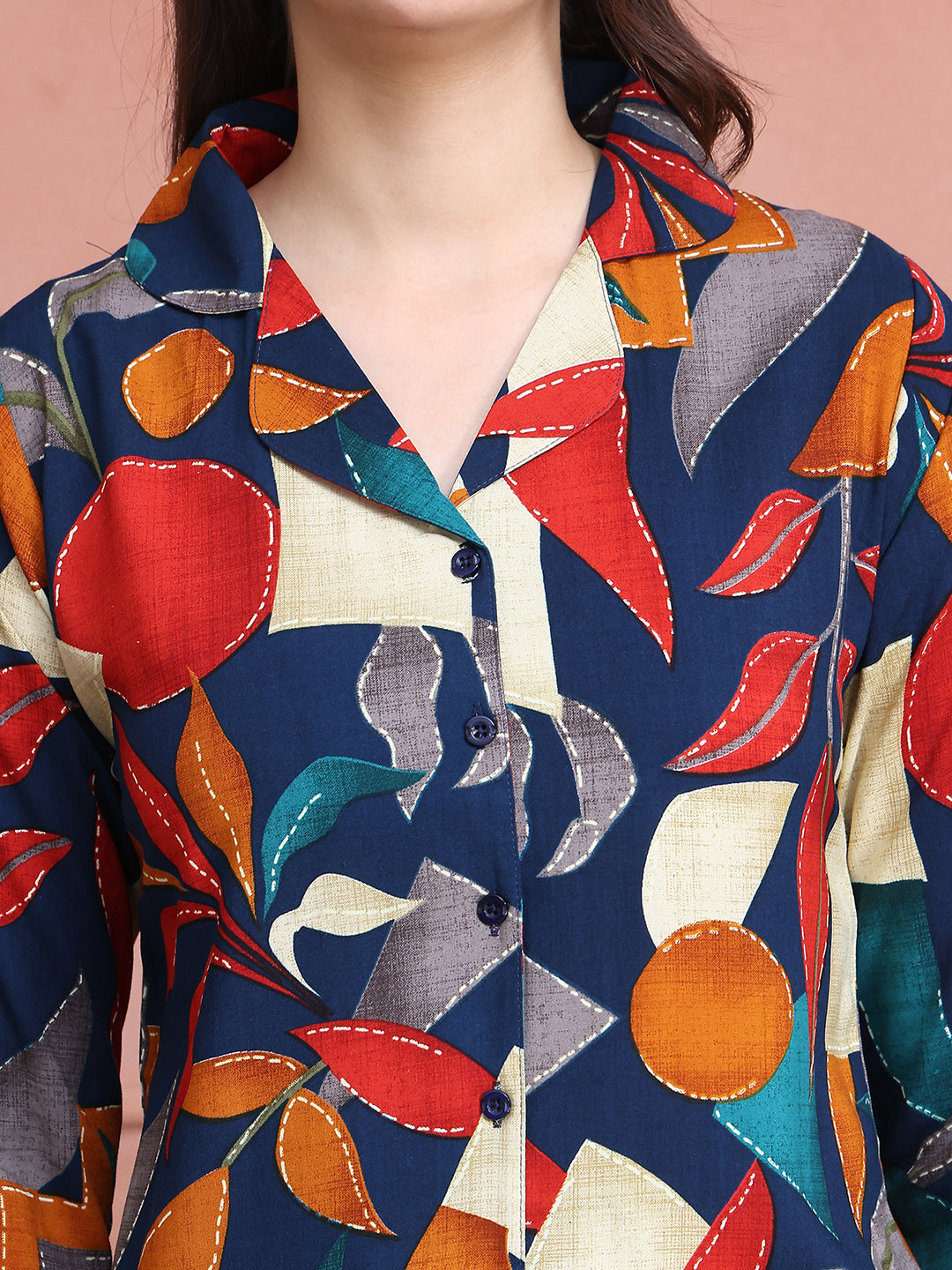 Navy Blue Colour Floral Printed Viscose Rayon Night Suit