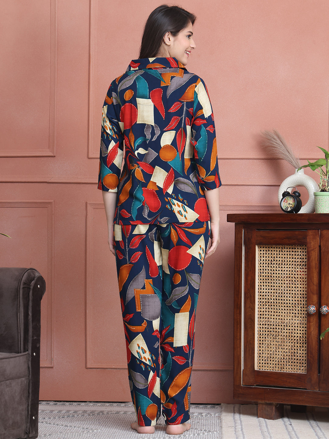 Navy Blue Colour Floral Printed Viscose Rayon Night Suit