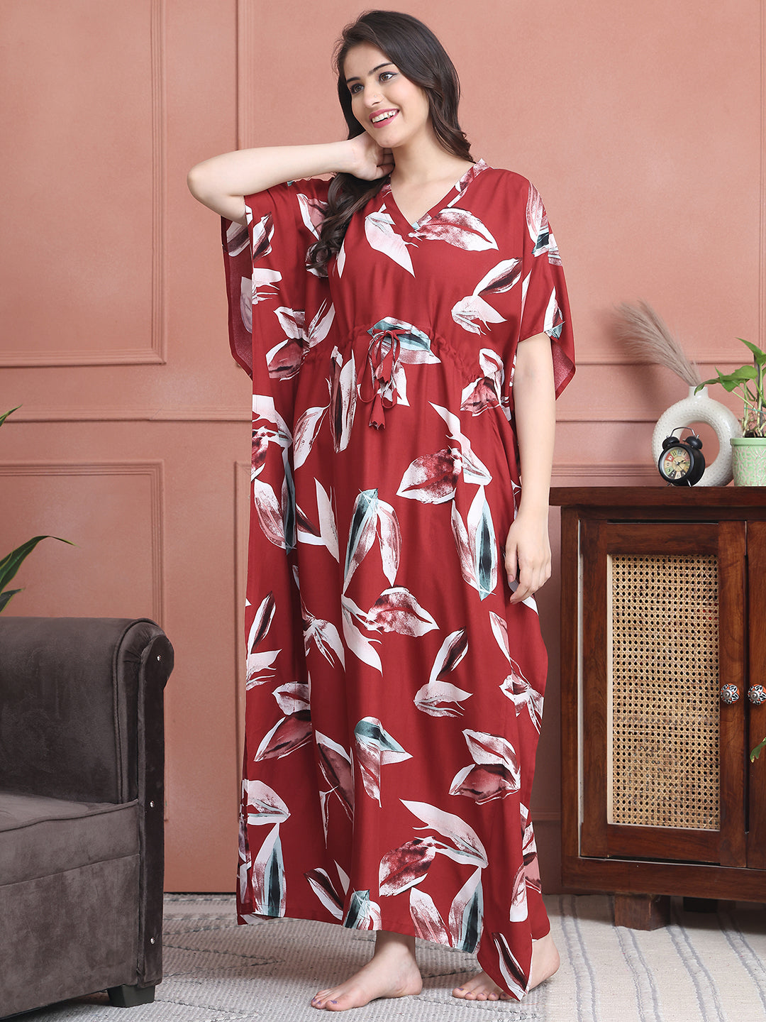 Red Colour Abstract Printed Viscose Rayon Kaftan For Women