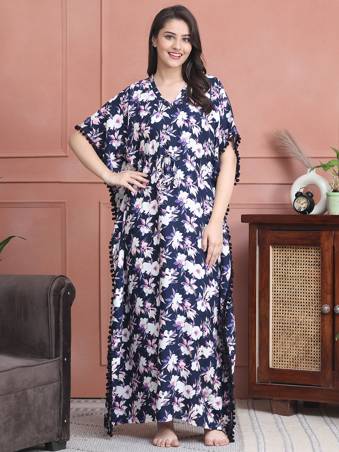 Navy Blue Colour Abstract Printed Viscose Rayon Kaftan For Women