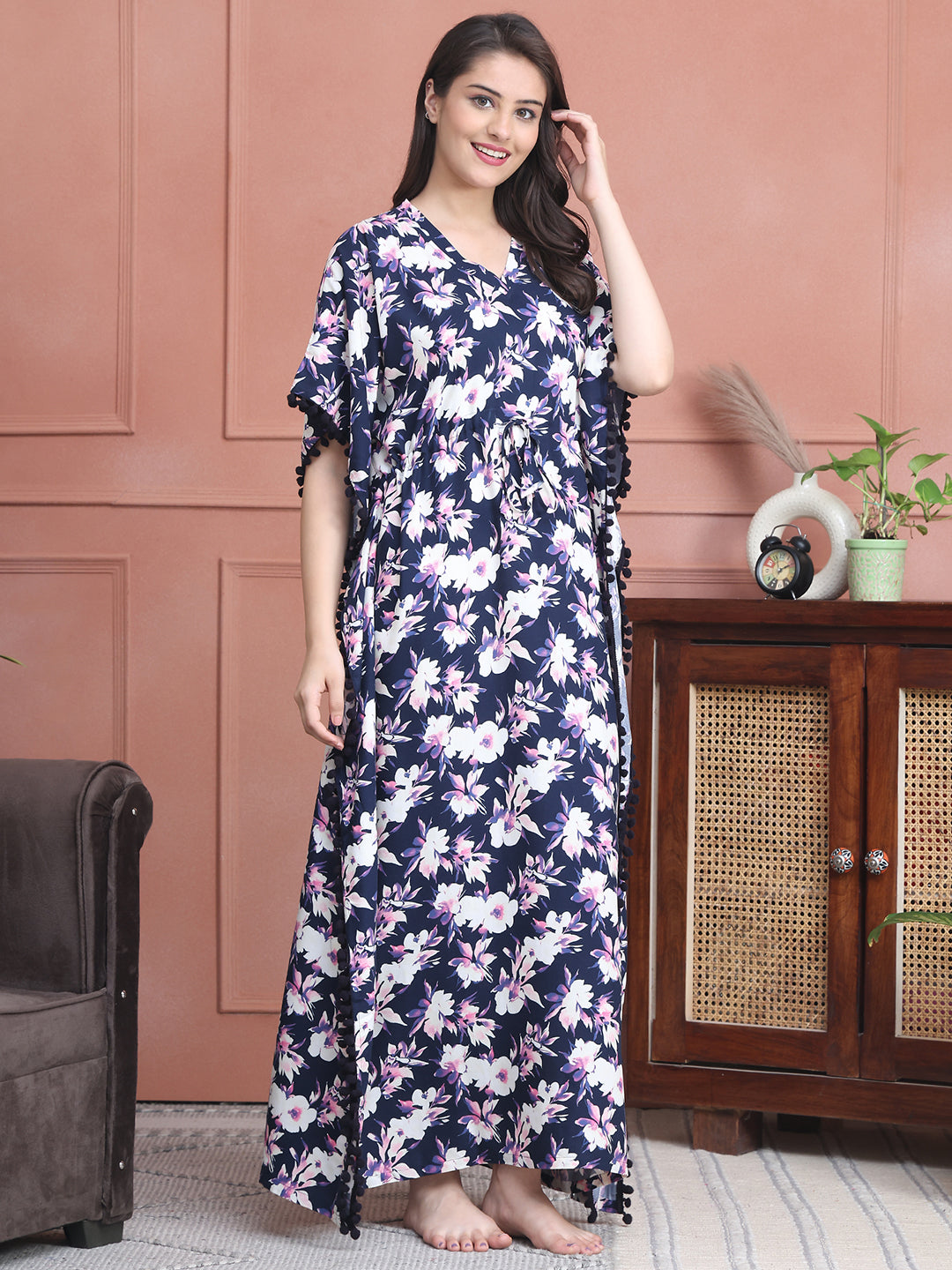 Navy Blue Colour Abstract Printed Viscose Rayon Kaftan For Women