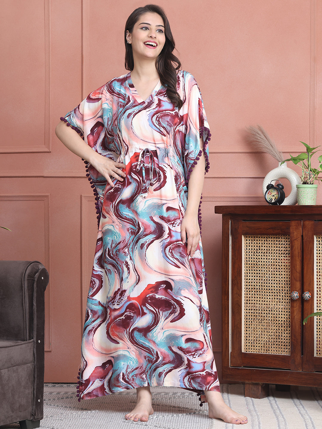 Multi Colour Abstract Printed Viscose Rayon Kaftan For Women