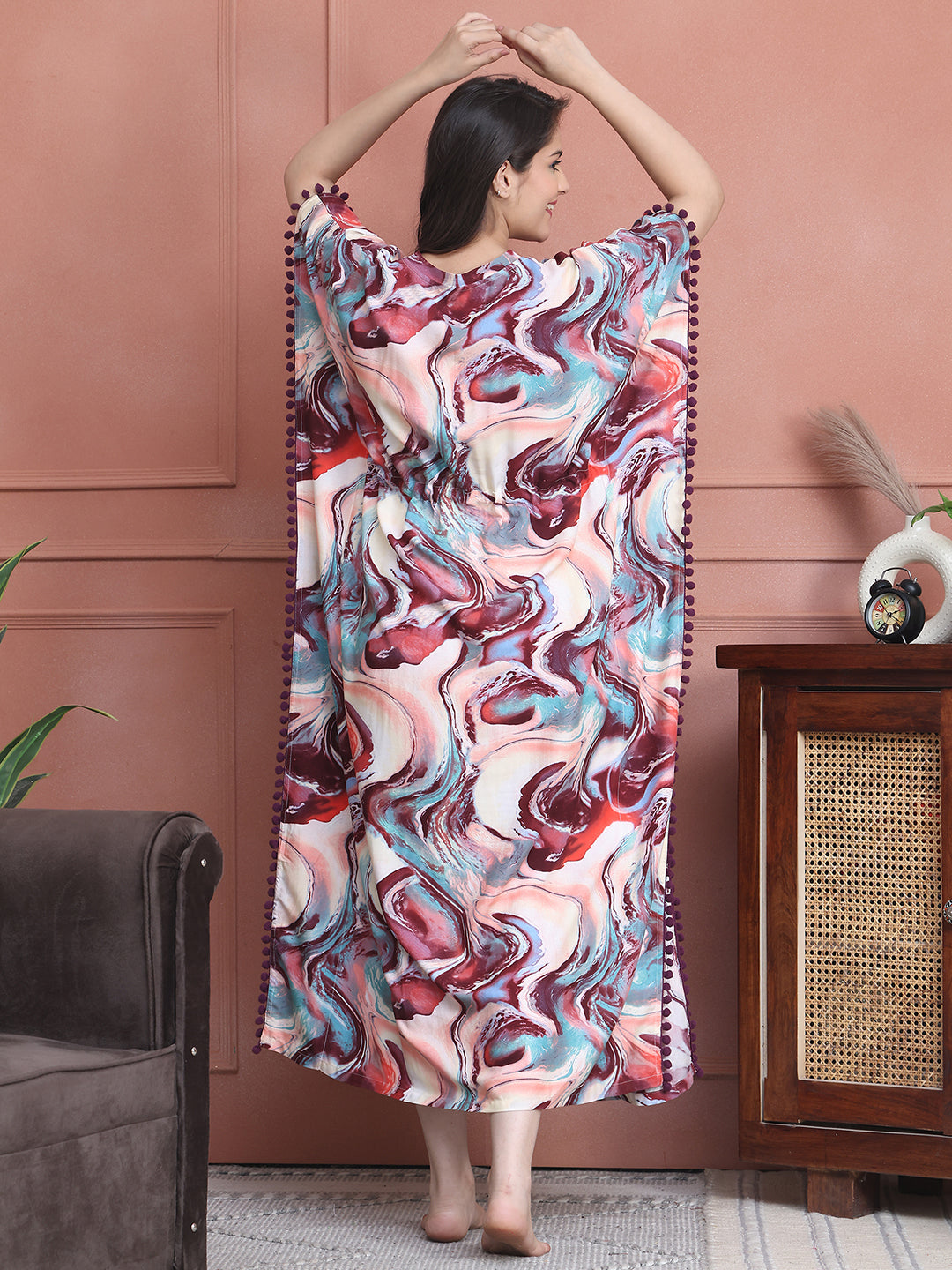 Multi Colour Abstract Printed Viscose Rayon Kaftan For Women