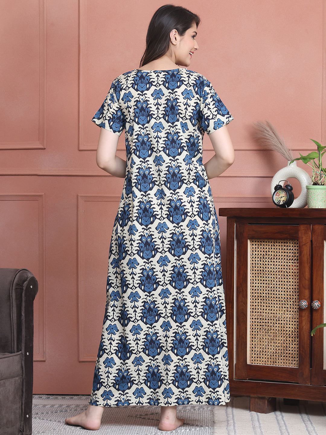 Blue Colour Abstract Printed Pure Cotton Nighty For Women