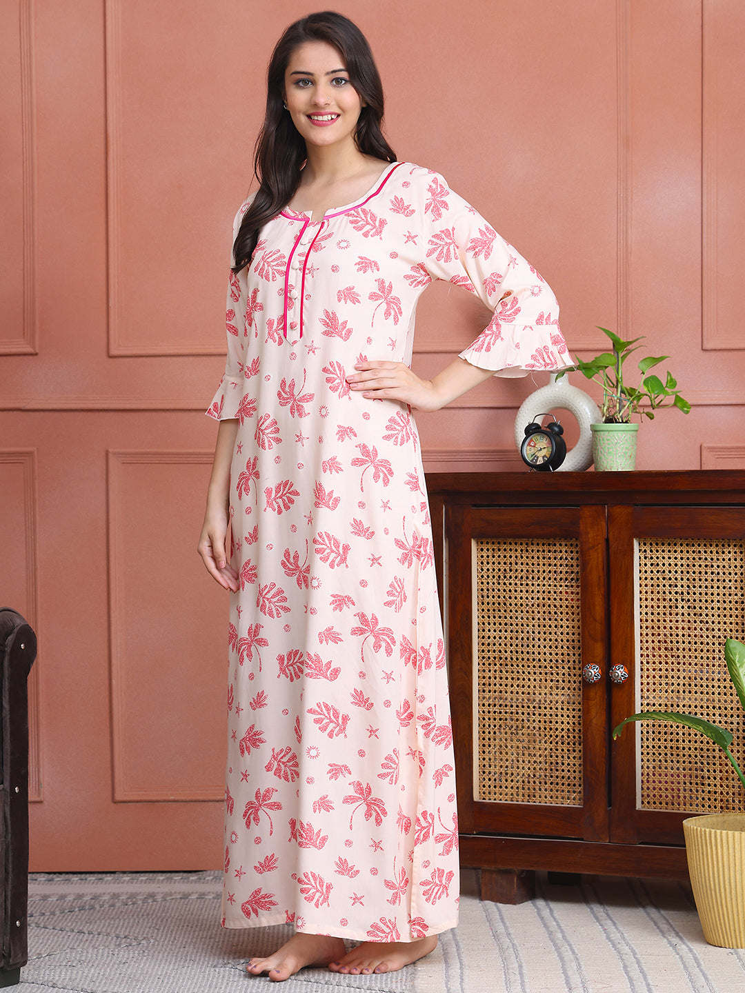 Pink Colour Abstract Printed Viscose Rayon Nighty For Women