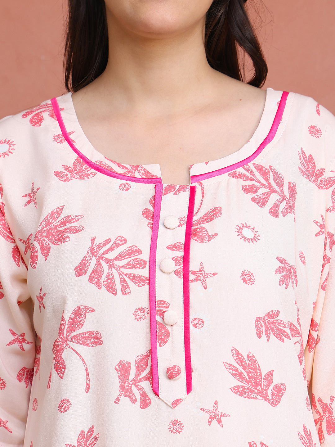 Pink Colour Abstract Printed Viscose Rayon Nighty For Women