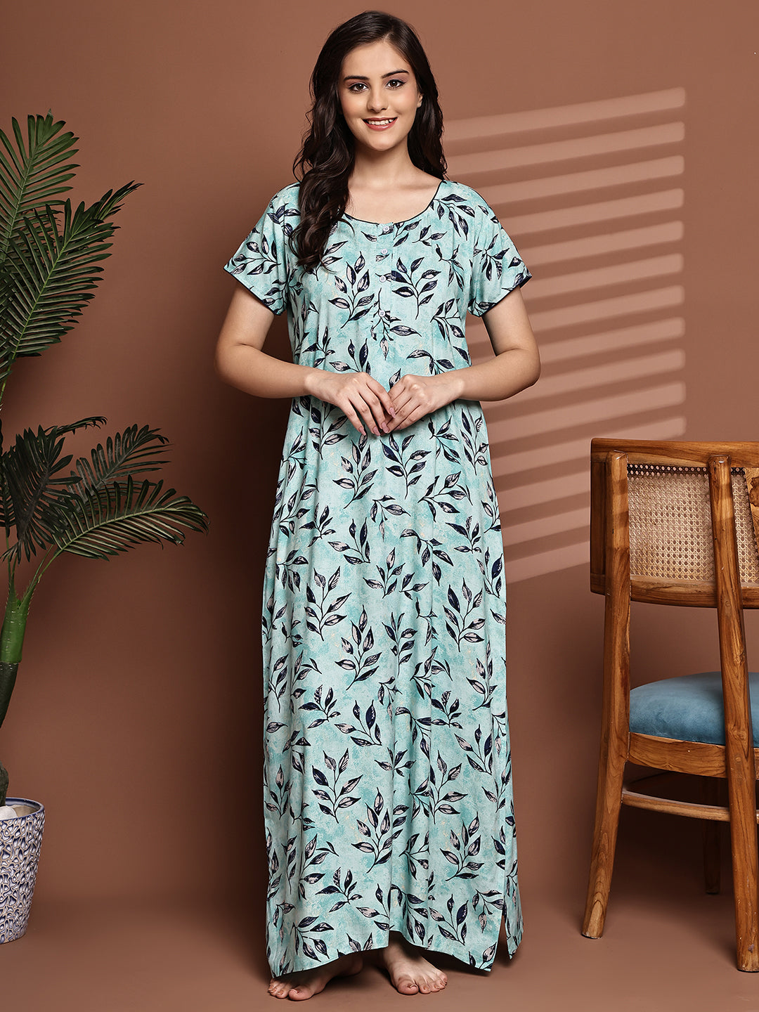 Blue Colour Abstract Printed Viscose Rayon Nighty For Women