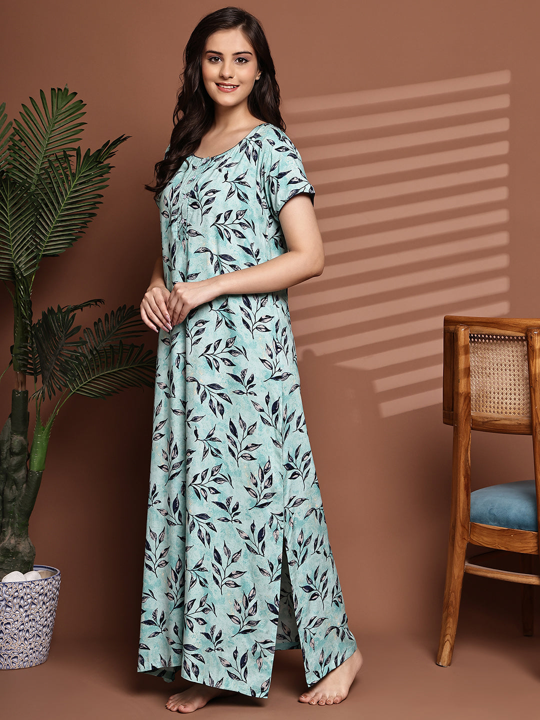 Blue Colour Abstract Printed Viscose Rayon Nighty For Women