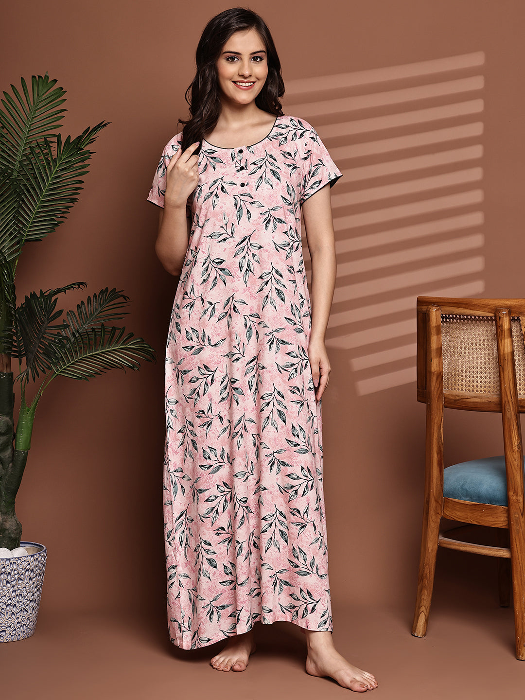 Pink Colour Abstract Printed Viscose Rayon Nighty For Women