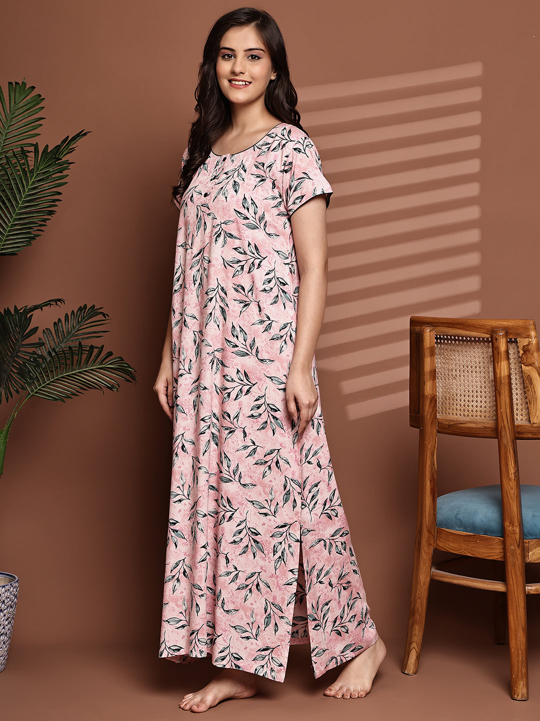 Pink Colour Abstract Printed Viscose Rayon Nighty For Women