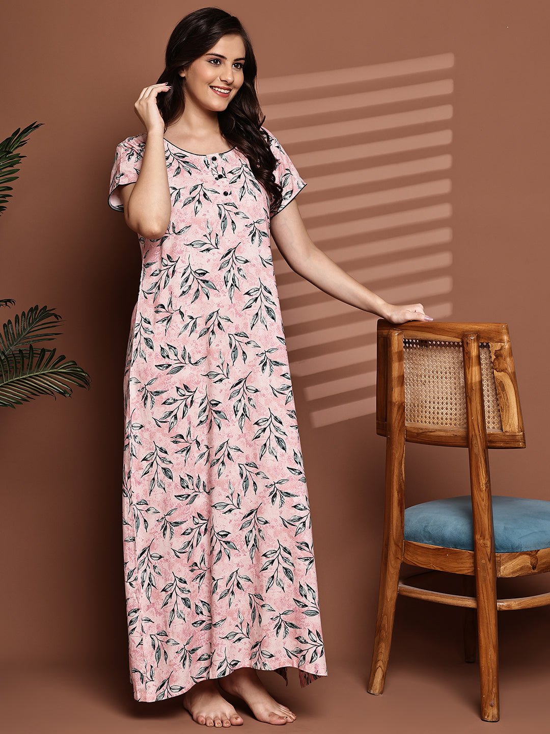 Pink Colour Abstract Printed Viscose Rayon Nighty For Women