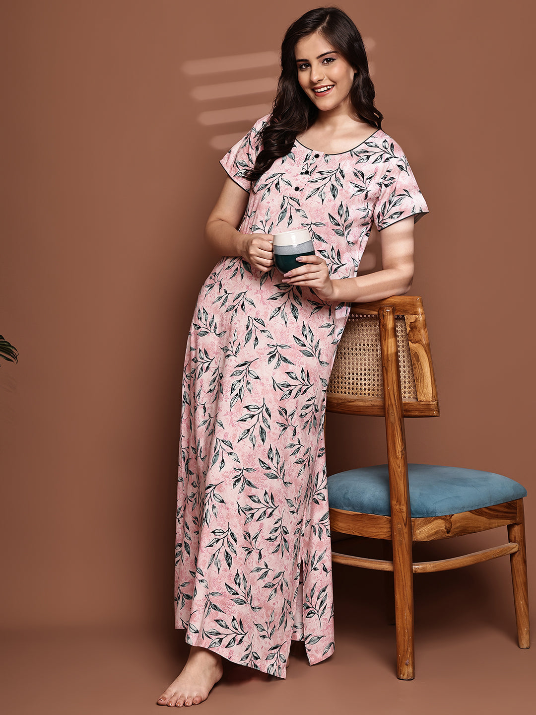 Pink Colour Abstract Printed Viscose Rayon Nighty For Women