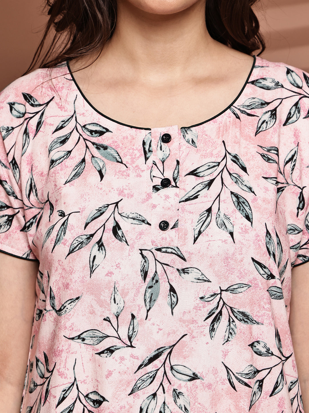 Pink Colour Abstract Printed Viscose Rayon Nighty For Women
