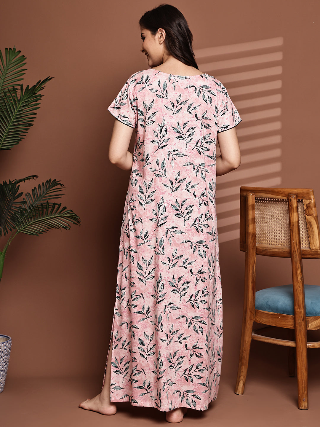 Pink Colour Abstract Printed Viscose Rayon Nighty For Women