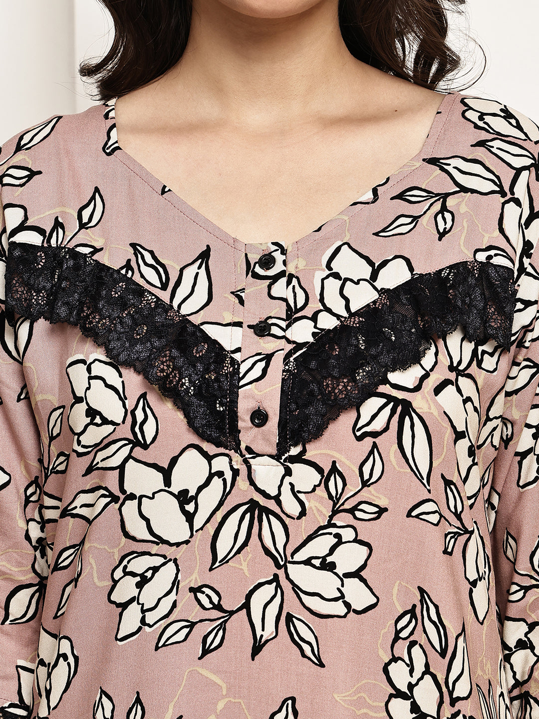 Pink Colour Floral Printed Viscose Rayon Nighty For Women